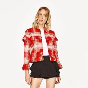 ZARA Tweed Ruffle Blazer Red Plaid XS